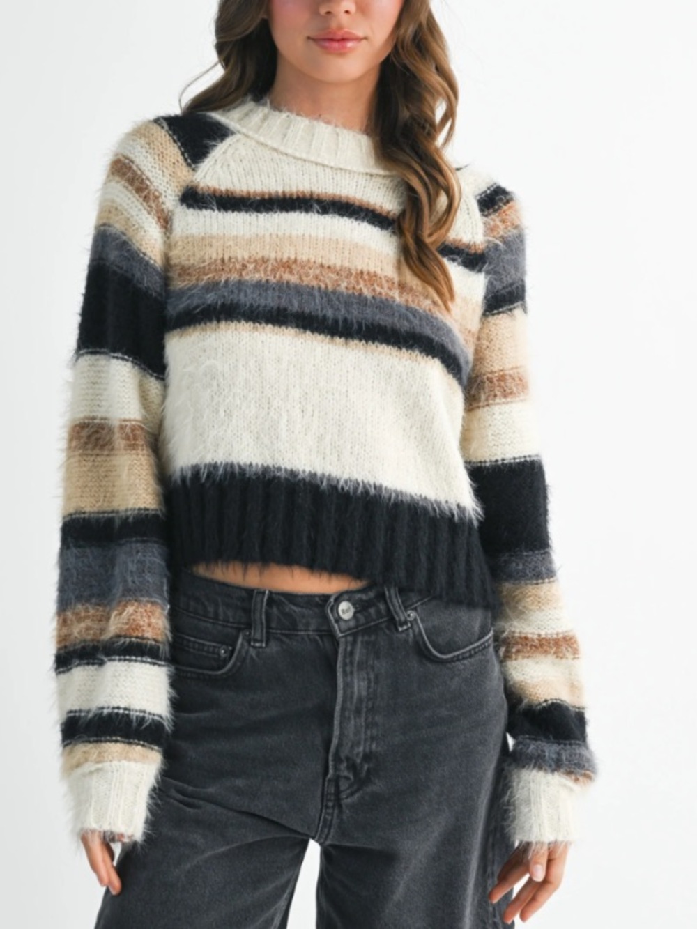 Free people fuzzy wool blend striped snow bird cropped crew sweater sz s